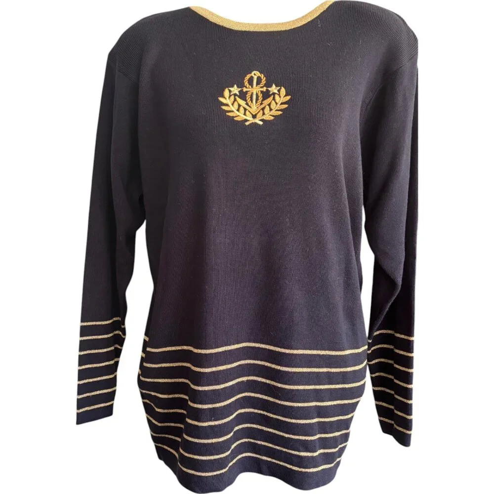 Casual Corner Vintage Nautical Anchor Crest Sweater Black Gold Metallic Womens M